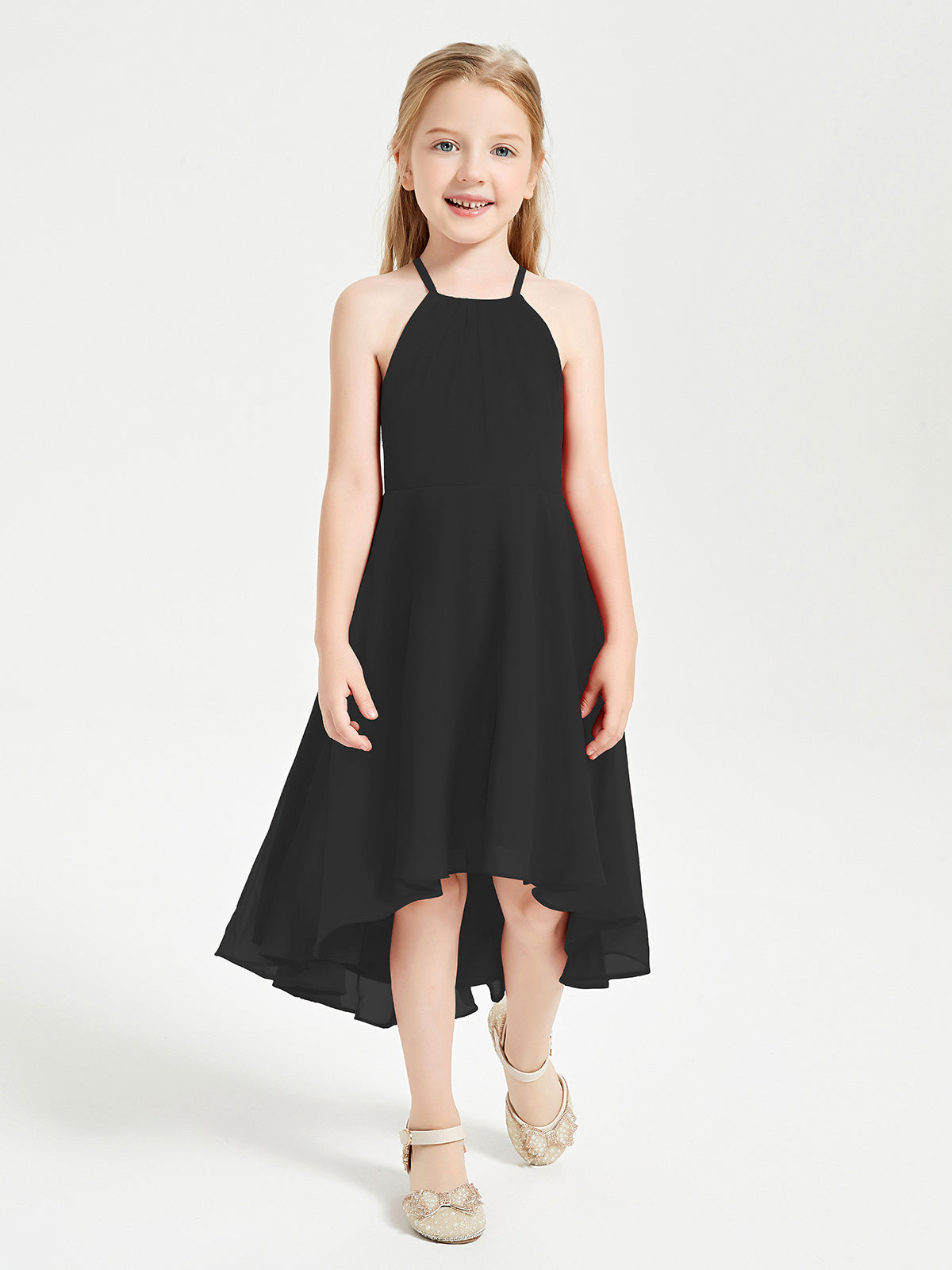 Tea Length Junior Bridesmaid Dresses with Asymmetrical Skirts Black